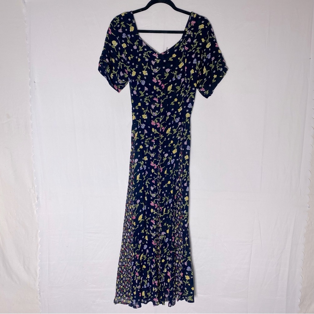 Vintage 90s Emanuel Geraldo Black Pink Floral Short Sleeve Dress L Cottagecore